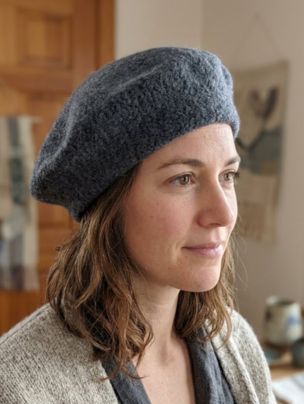 Handmade Gray Knit Felted Wool Beret Hat